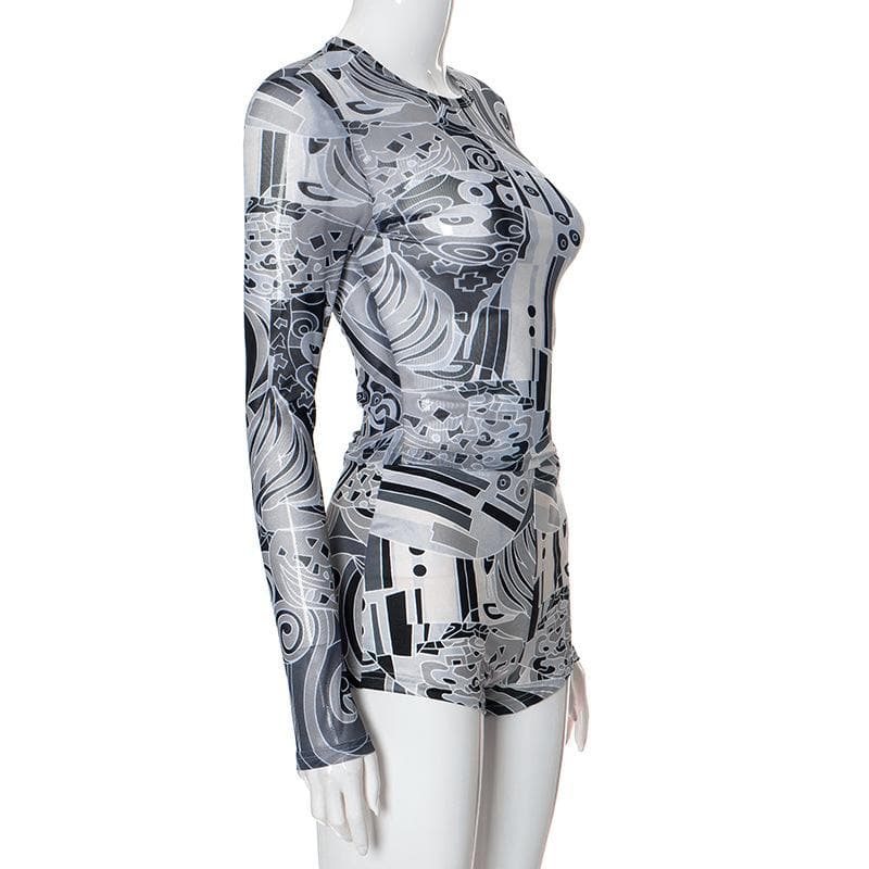 Edgy Abstract Mesh Long Sleeve Top & Shorts Set - Fall's Must-Have Party & Layering Style
