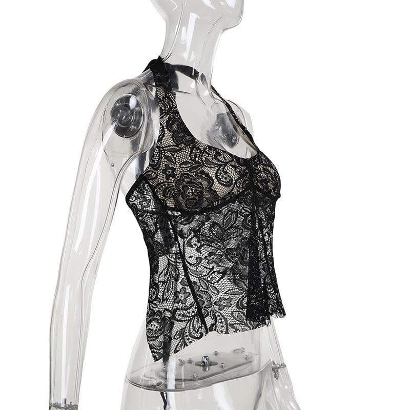 Chic Black Floral Lace Halter Top - Elevate Your Fall & Holiday Style