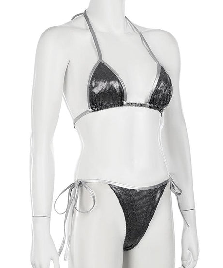 Dazzling Metallic Halter Bikini Set | Sparkle Tie-Side Swimwear for Resort & Parties