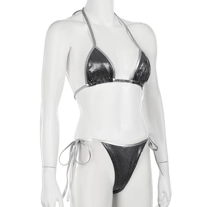 Dazzling Metallic Halter Bikini Set | Sparkle Tie-Side Swimwear for Resort & Parties