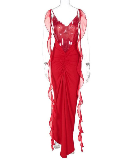 Siren Red Backless Ruffle Maxi Dress - Holiday Gala & Fall Elegance