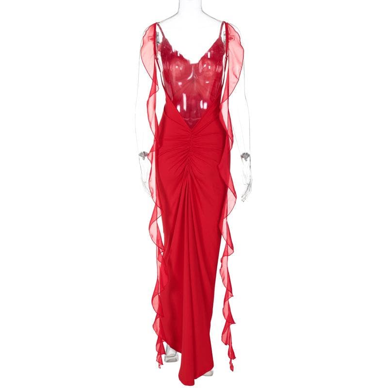 Siren Red Backless Ruffle Maxi Dress - Holiday Gala & Fall Elegance