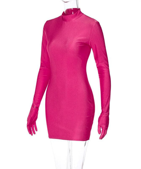Showstopping Hot Pink High-Neck Bodycon Mini Dress with Attached Gloves – Fall & Holiday Party Ready