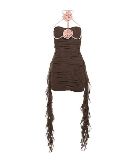 Fall Glamour: Mocha Rose Halter Mini Dress - Ruched Bodycon with Dramatic Ruffled Sashes