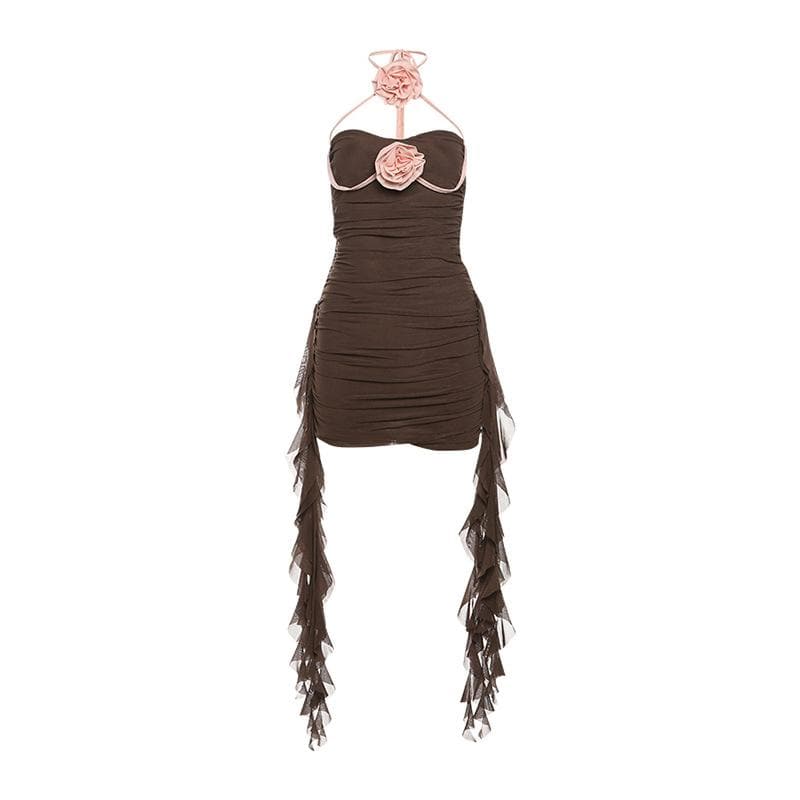 Fall Glamour: Mocha Rose Halter Mini Dress - Ruched Bodycon with Dramatic Ruffled Sashes