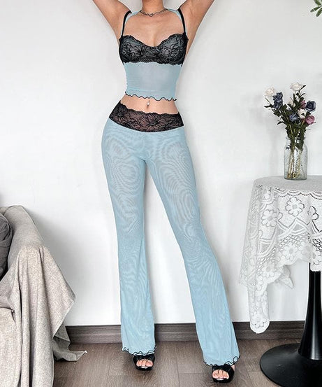 “Sultry Siren” Black Lace Mesh Sweetheart Cami & Flare Pant Set | Halloween & Fall Nights