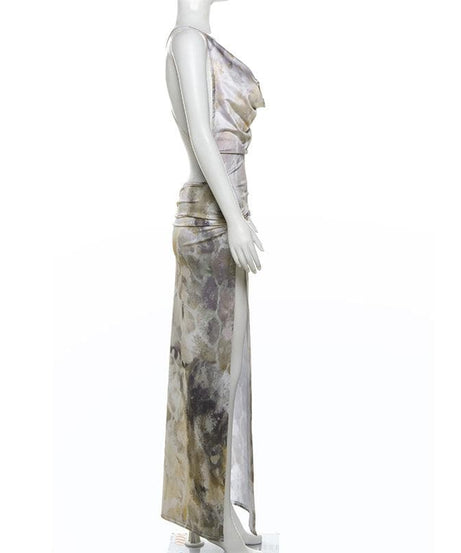 Chic Abstract Satin Cowl Neck Maxi Dress with O-Ring Back & High Slit - Fall & Holiday Party Ready