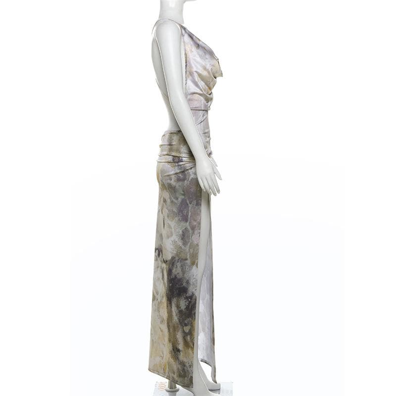 Chic Abstract Satin Cowl Neck Maxi Dress with O-Ring Back & High Slit - Fall & Holiday Party Ready