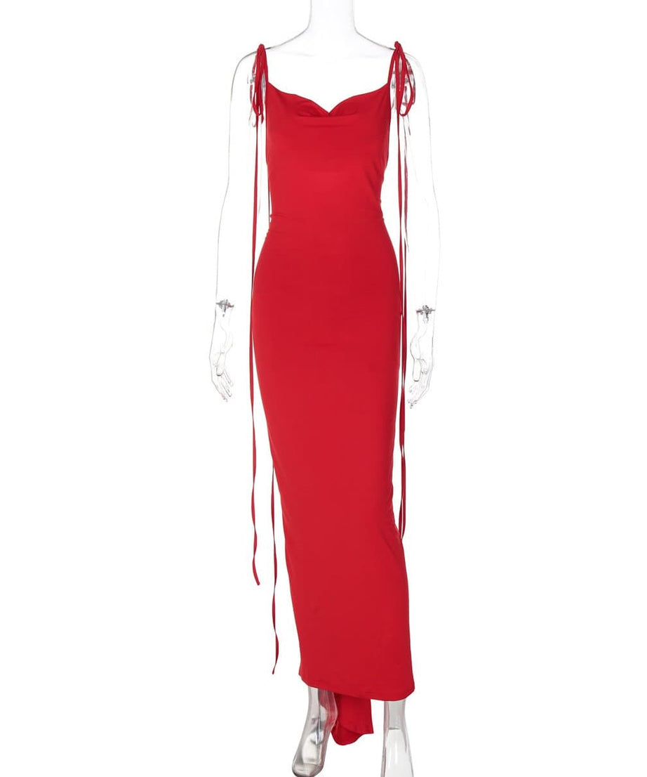 The Scarlet Rose Self-Tie Open Back Maxi Gown - Fall & Holiday Gala Ready