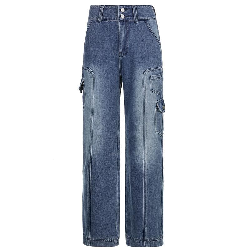 Fall Trend: Women's High-Rise Baggy Cargo Jeans - Y2K Faded Denim