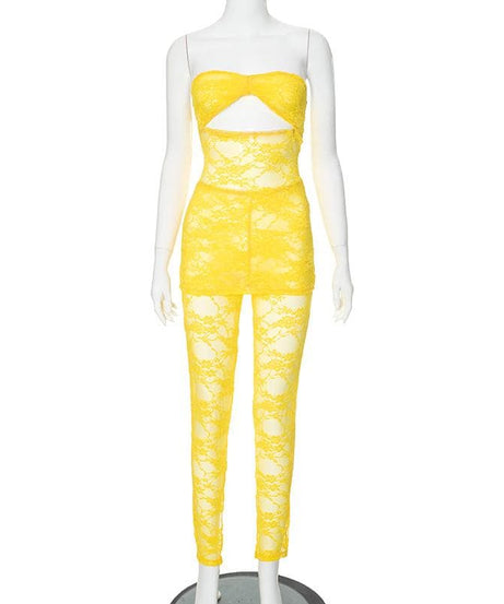 Vibrant Yellow Lace Cut-Out Tube Top & Leggings Set – Your Ultimate Halloween & Party Statement