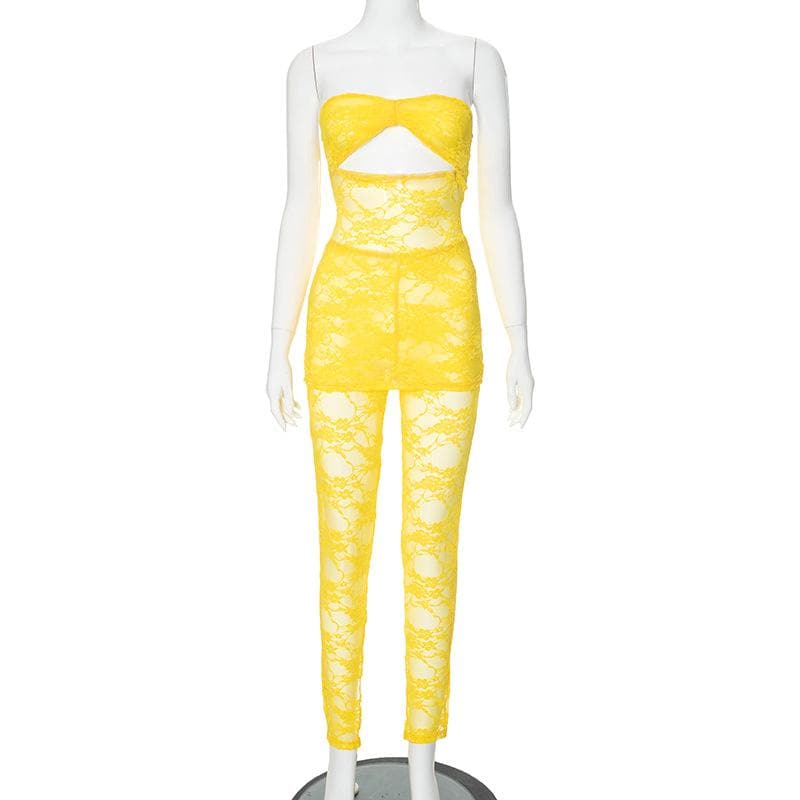 Vibrant Yellow Lace Cut-Out Tube Top & Leggings Set – Your Ultimate Halloween & Party Statement