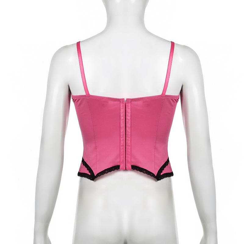Pink Pinstripe Coquette Cami Top with Lace Trim & Bows - Fall Layering Essential