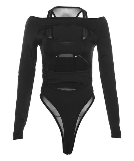 Daring Desire: Black Mesh Cut-Out Long Sleeve Bodysuit – Your Fall & Halloween Party Statement