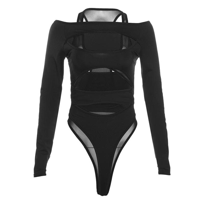 Daring Desire: Black Mesh Cut-Out Long Sleeve Bodysuit – Your Fall & Halloween Party Statement