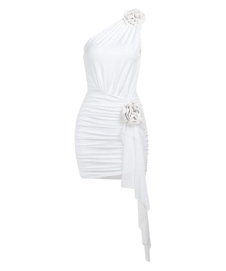 Chic White One-Shoulder Floral Ruched Mini Dress - Holiday Party & New Year's Eve Ready