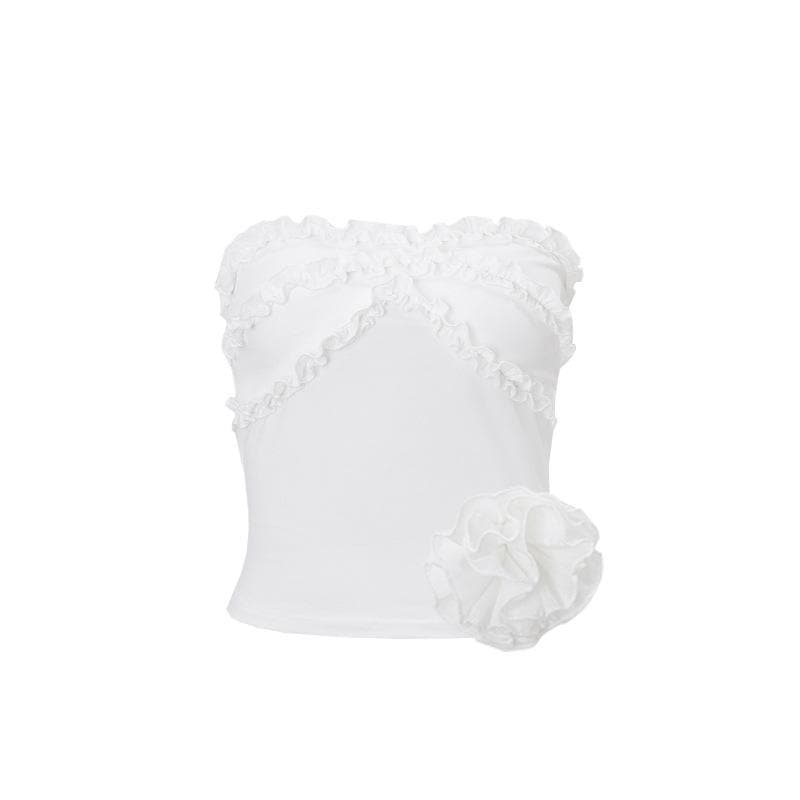 Chic Ruffled Tube Top with 3D Floral Appliqué - Your Versatile Fall & Holiday Style Essential