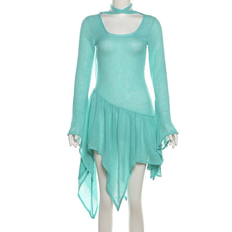 Enchanting Aqua Ruffle Knit Mini Dress - Whimsical Asymmetrical Fall Tunic