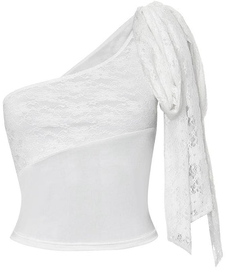 Glamorous White Lace One-Shoulder Crop Top - Fall Parties & Resort Getaways