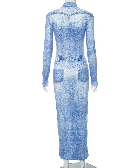 Effortless Fall Chic: Acid Wash Denim Illusion Long Sleeve Maxi Dress