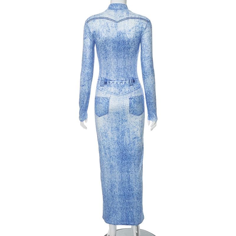 Effortless Fall Chic: Acid Wash Denim Illusion Long Sleeve Maxi Dress