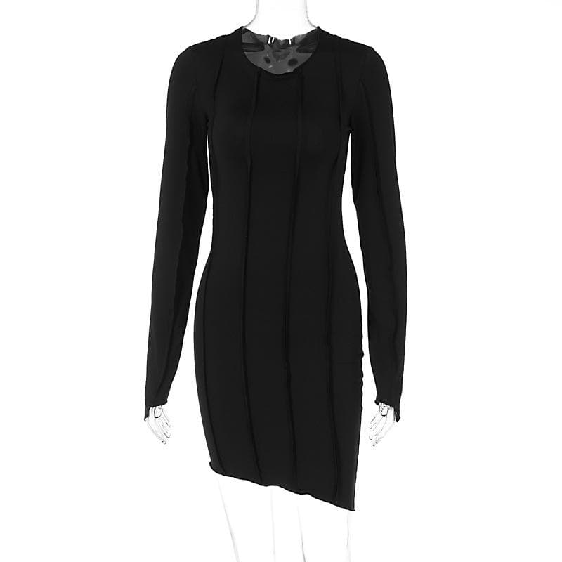 Fall Nights Edge: Chic Black Asymmetrical Mini Dress with Long Sleeves