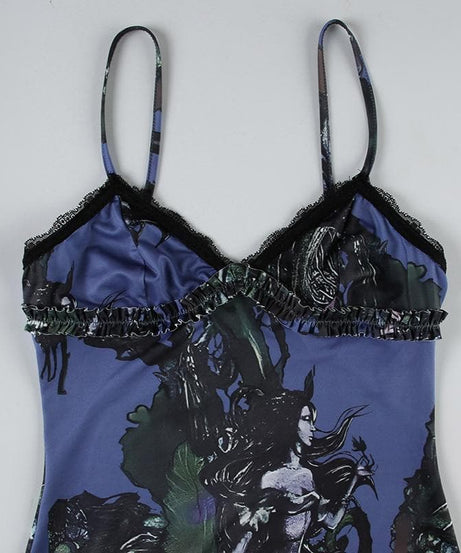 Mystic Bloom Dark Fantasy Slip Dress - Lace Trim Cami Mini for Edgy Fall Nights & Halloween