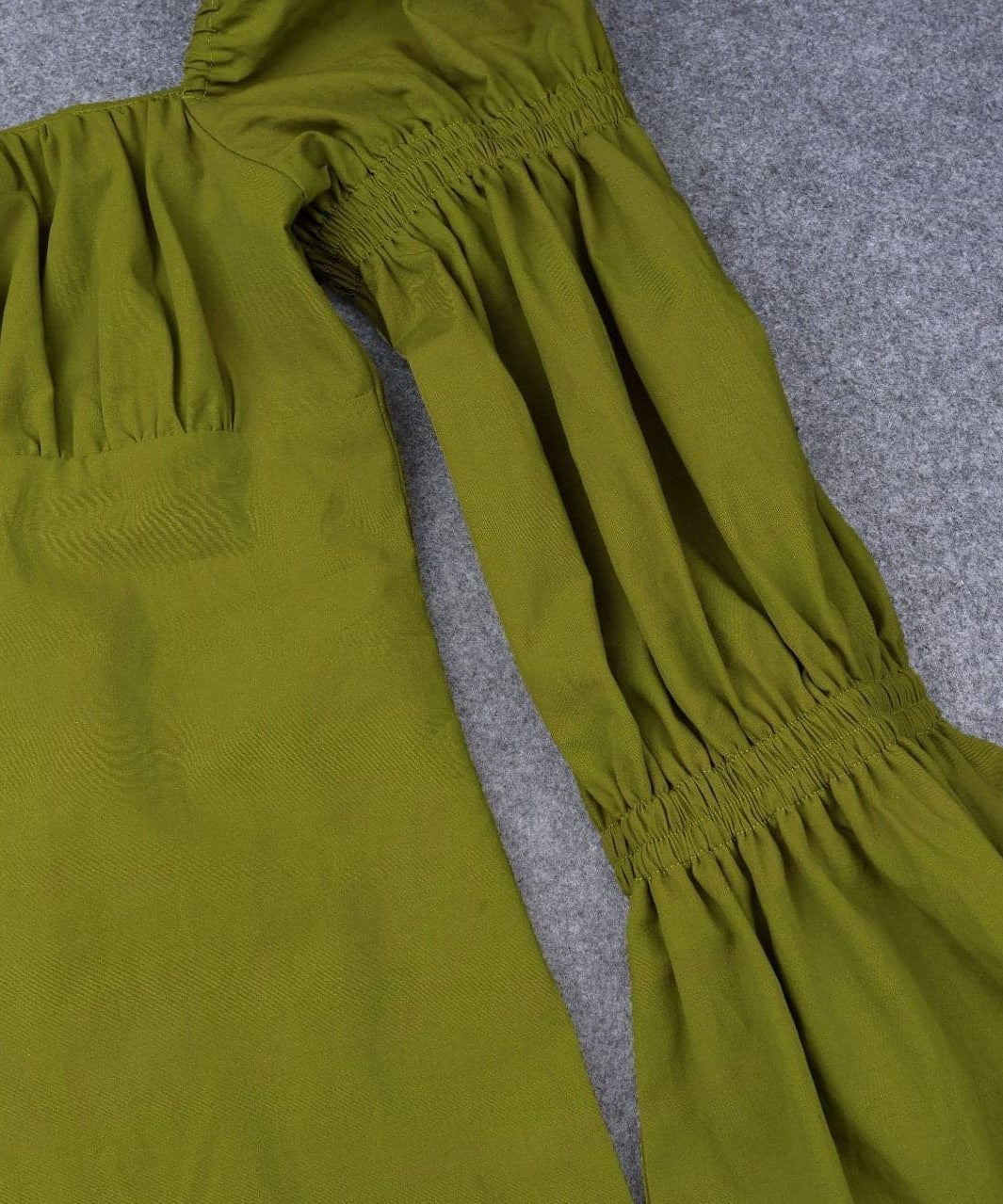 Autumn Chic: Olive Green Smocked Square Neck Blouse with Statement Puff & Bell Sleeves