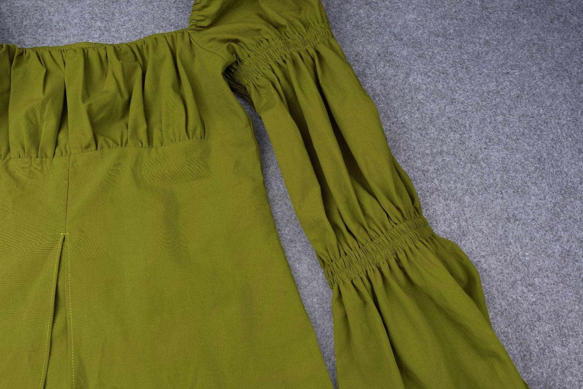 Autumn Chic: Olive Green Smocked Square Neck Blouse with Statement Puff & Bell Sleeves