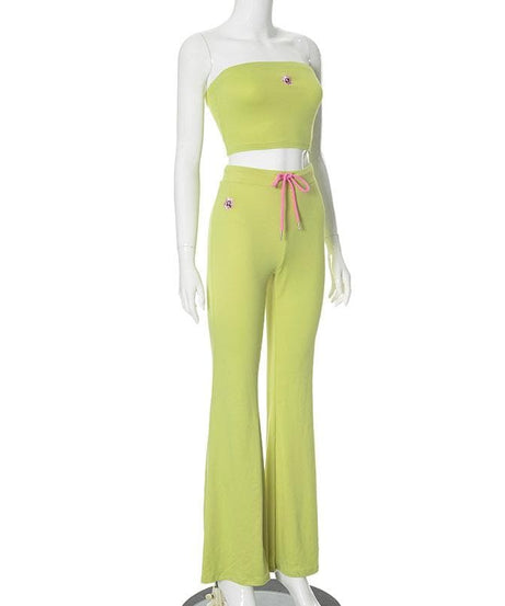 Y2K Chic: Vibrant Lime Green Flare Pant & Tube Top Matching Set – Your Go-To Fall Athleisure Vibe