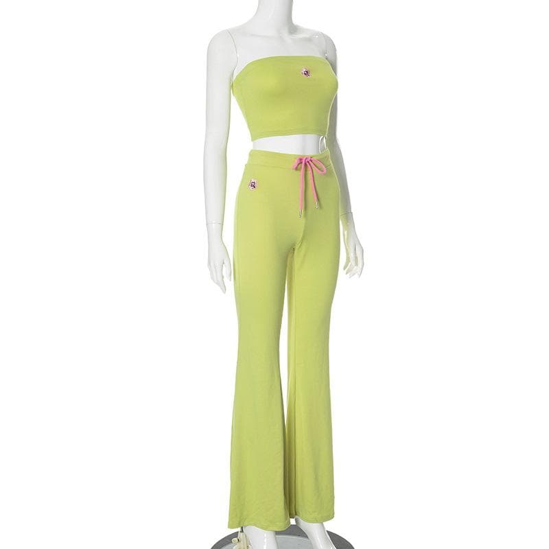 Y2K Chic: Vibrant Lime Green Flare Pant & Tube Top Matching Set – Your Go-To Fall Athleisure Vibe