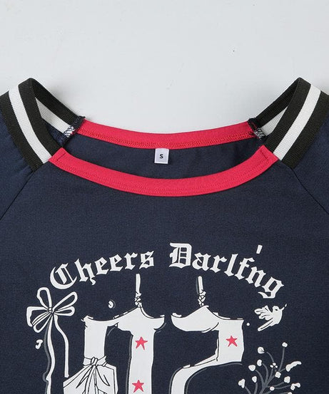 Cheers Darling Sky Blue Graphic Fitted Tee - Y2K Inspired Celebration Top for Fall