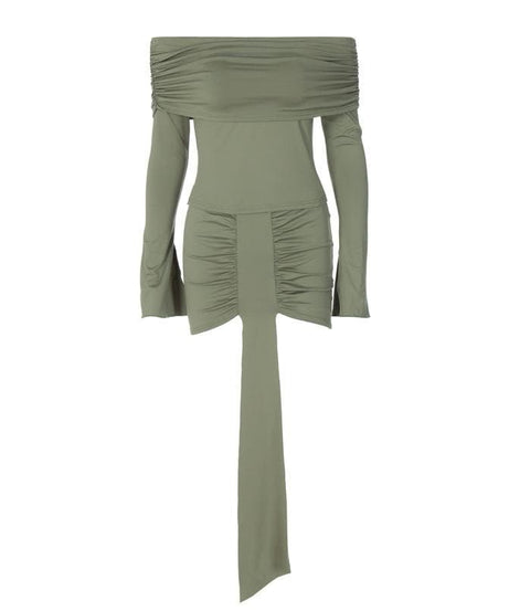 Trendy Fall Nights: Ruched Off-Shoulder Crop Top & Asymmetrical Mini Skirt Set