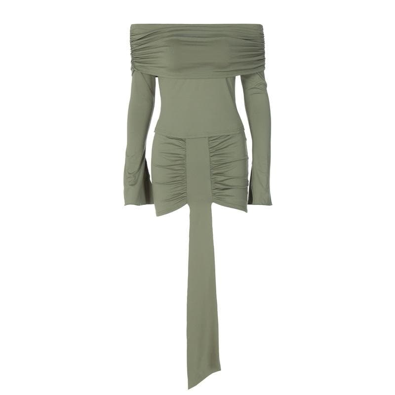 Trendy Fall Nights: Ruched Off-Shoulder Crop Top & Asymmetrical Mini Skirt Set