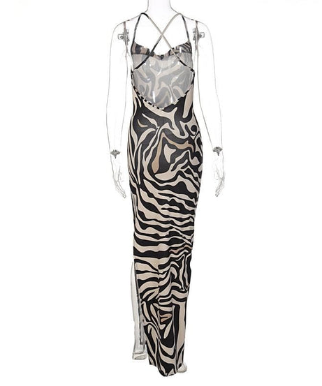 Statement Zebra Print Maxi Dress | Lace Cutout & High Slit for Fall Glam