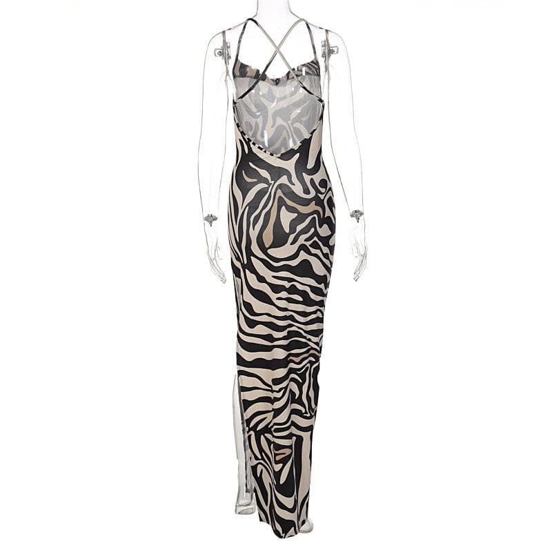 Statement Zebra Print Maxi Dress | Lace Cutout & High Slit for Fall Glam