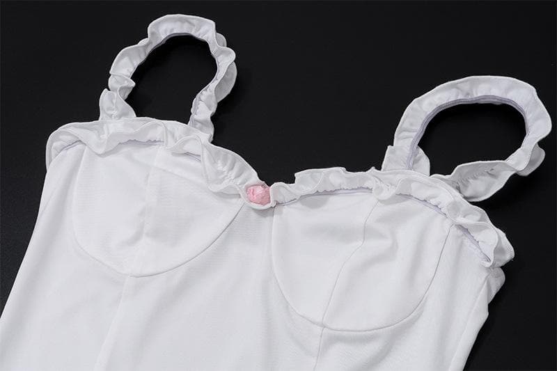 Flirty Coquette White Ruffle Cami & Pink Ribbon Ruched Mini Skirt Set