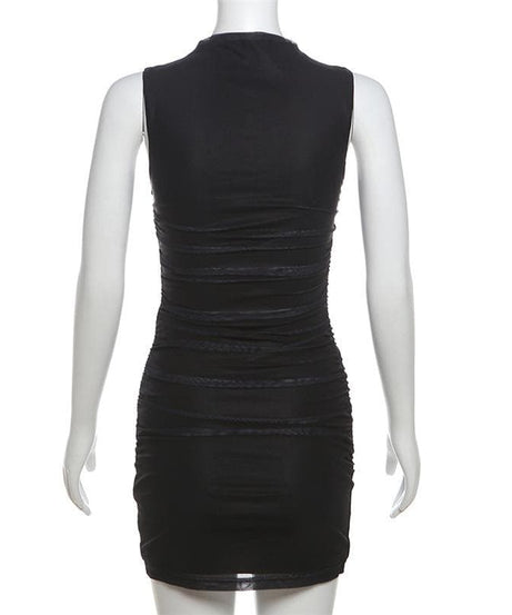 Sultry Orchid Blossom Mock Neck Mini Dress - Black Ruched Mesh for Fall & Holiday Parties