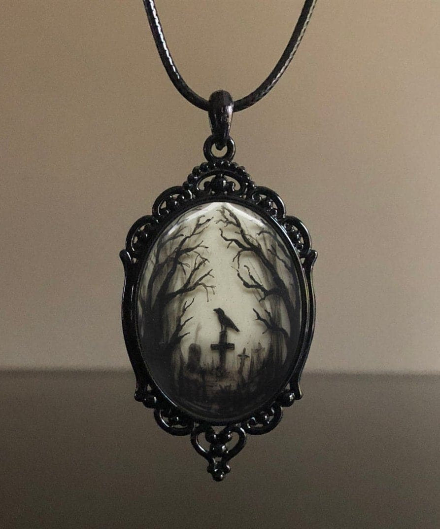 Victorian Gothic Raven & Graveyard Pendant Necklace | Spooky Season Statement Piece