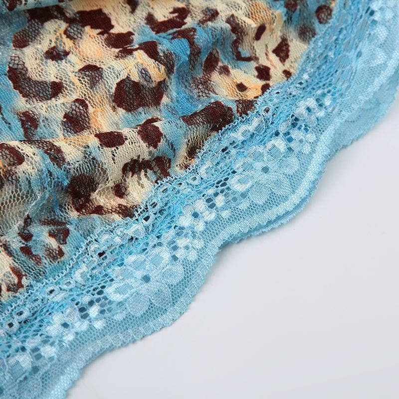 Edgy Blue Leopard Lace Cami Top - Y2K Ruched Spaghetti Strap for Fall Style