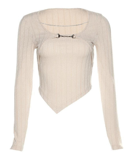 Elevated Fall Ribbed Knit Long Sleeve Top | Chic Chain & Buckle Detail, Asymmetrical Hem