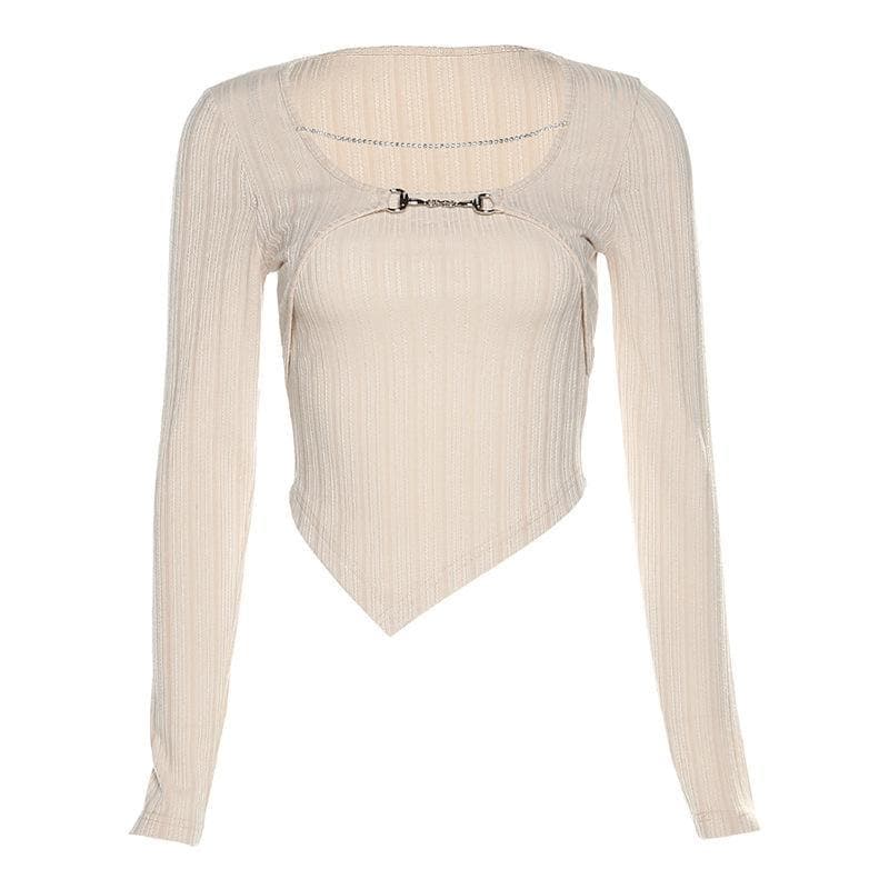 Elevated Fall Ribbed Knit Long Sleeve Top | Chic Chain & Buckle Detail, Asymmetrical Hem