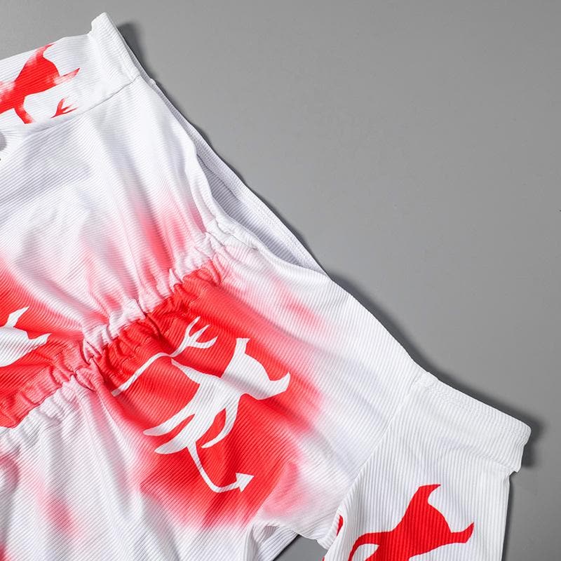 Wicked Temptress Off-Shoulder Ruched Mini Dress - Edgy Devil Print for Halloween & Beyond