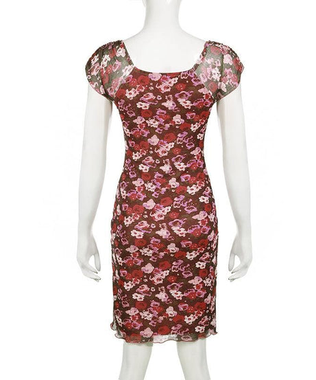 Flirty Fall Floral Mesh Mini Dress - Y2K Sweetheart Cap Sleeve Bodycon