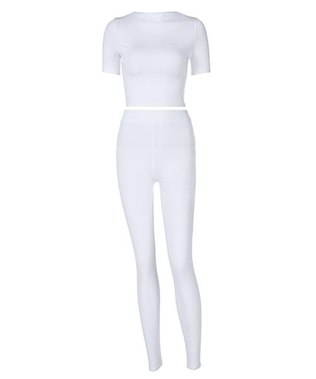 Crisp White Athleisure Set: Short Sleeve Crop Top & High-Waisted Leggings for Fall