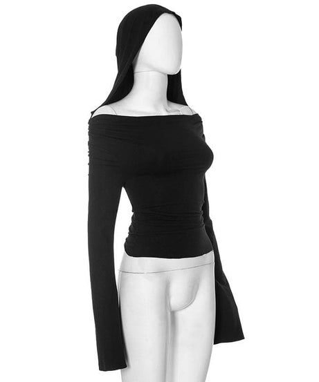 Chic Fall Flair: 2-Way Off-Shoulder Bell Sleeve Hooded Top