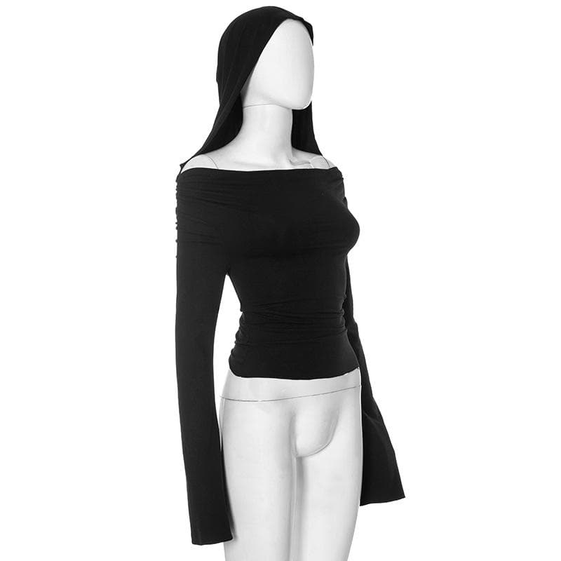 Chic Fall Flair: 2-Way Off-Shoulder Bell Sleeve Hooded Top