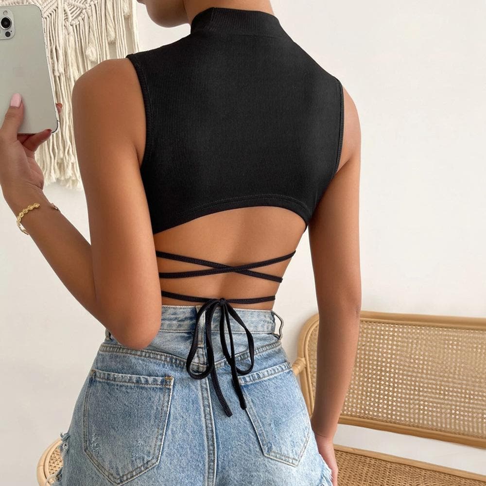 Chic Black Ribbed Mock Neck Sleeveless Wrap-Tie Crop Top – Fall Fashion Essential