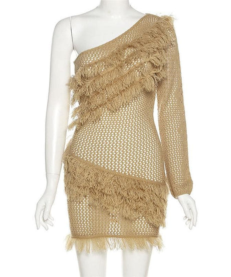 Fall Fringe Flair: One-Shoulder Crochet Knit Mini Dress | Chic Party & Holiday Statement