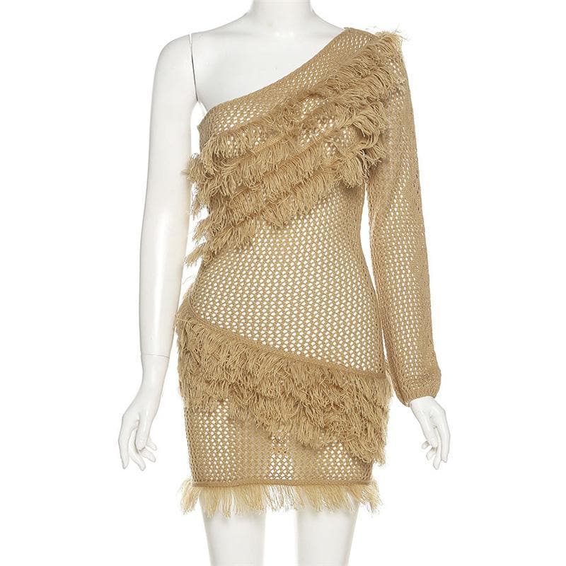 Fall Fringe Flair: One-Shoulder Crochet Knit Mini Dress | Chic Party & Holiday Statement